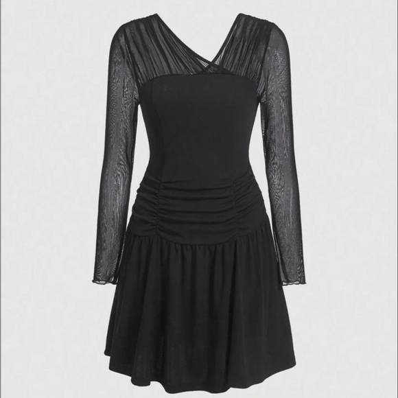 Asymmetrical Neck Ruched Ruffle Hem Mesh Dress - Picture 1 of 5